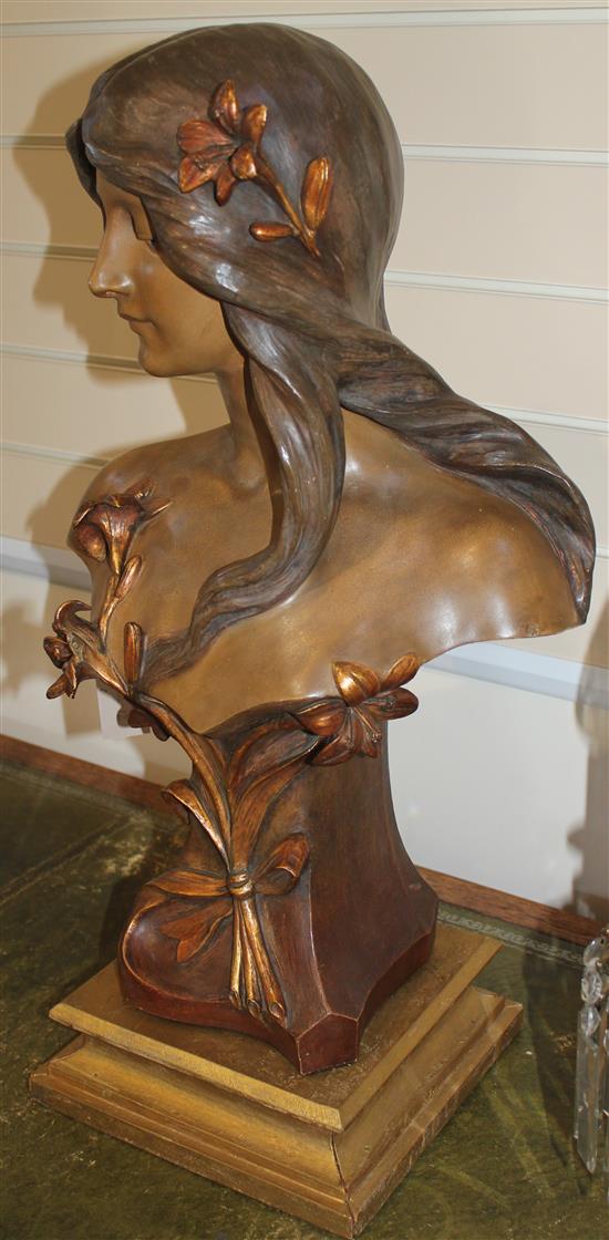 An Art Nouveau Continental painted terracotta bust of a young woman, probably Austrian, overall 27.5in. incl. plinth